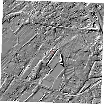 Shaded relief map of the ground around PE132QA, computed from Environment Agency LiDAR. The ground here sits at about 3 m above sea level and falls 5 m across the surrounding 800 m. Surface water reaching this point runs off ground lying to the south-south-west, 2.3 m higher.