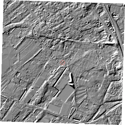 Shaded relief map of the ground around PE132QB, computed from Environment Agency LiDAR. The ground here sits at about 3 m above sea level and falls 5 m across the surrounding 800 m. Surface water reaching this point runs off ground lying to the east-north-east, 3.3 m higher.