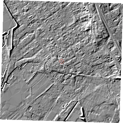 Shaded relief map of the ground around PE132QD, computed from Environment Agency LiDAR. The ground here sits at about 4 m above sea level and falls 6 m across the surrounding 800 m. Surface water reaching this point runs off ground lying to the west-south-west, 0.8 m higher.