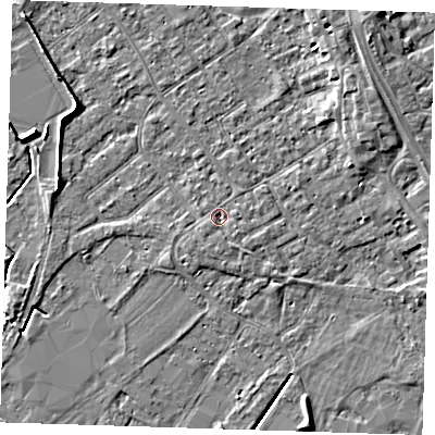Shaded relief map of the ground around PE132QF, computed from Environment Agency LiDAR. The ground here sits at about 3 m above sea level and falls 6 m across the surrounding 800 m. Surface water reaching this point runs off ground lying to the south-south-west, 1.6 m higher.