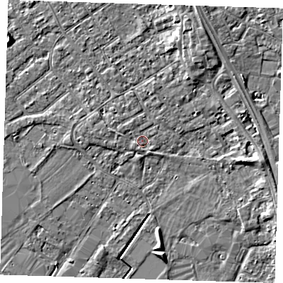Shaded relief map of the ground around PE132QH, computed from Environment Agency LiDAR. The ground here sits at about 4 m above sea level and falls 5 m across the surrounding 800 m. Surface water reaching this point runs off ground lying to the west-north-west, 1.2 m higher.