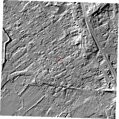 Shaded relief map of the ground around PE132QJ, computed from Environment Agency LiDAR. The ground here sits at about 3 m above sea level and falls 6 m across the surrounding 800 m. Surface water reaching this point runs off ground lying to the east-north-east, 3.3 m higher.