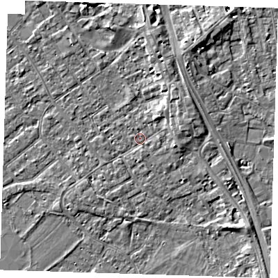 Shaded relief map of the ground around PE132QL, computed from Environment Agency LiDAR. The ground here sits at about 3 m above sea level and falls 5 m across the surrounding 800 m. Surface water reaching this point runs off ground lying to the north-east, 2.6 m higher.