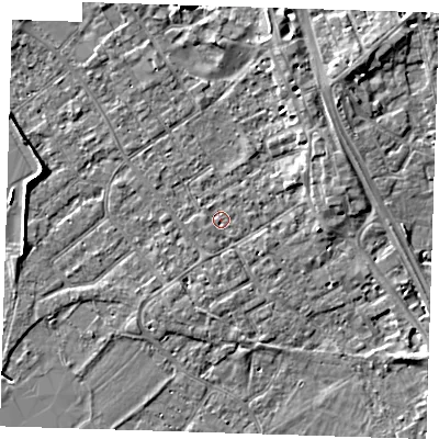 Shaded relief map of the ground around PE132QN, computed from Environment Agency LiDAR. The ground here sits at about 4 m above sea level and falls 6 m across the surrounding 800 m. Surface water reaching this point runs off ground lying to the south-west, 0.9 m higher.