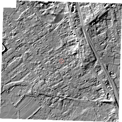 Shaded relief map of the ground around PE132QP, computed from Environment Agency LiDAR. The ground here sits at about 3 m above sea level and falls 5 m across the surrounding 800 m. Surface water reaching this point runs off ground lying to the north-east, 2.6 m higher.