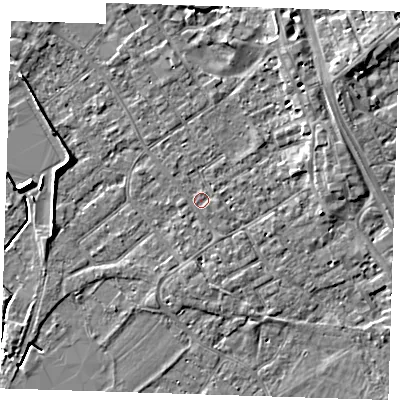 Shaded relief map of the ground around PE132QR, computed from Environment Agency LiDAR. The ground here sits at about 4 m above sea level and falls 6 m across the surrounding 800 m. Surface water reaching this point runs off ground lying to the north-east, 3.6 m higher.