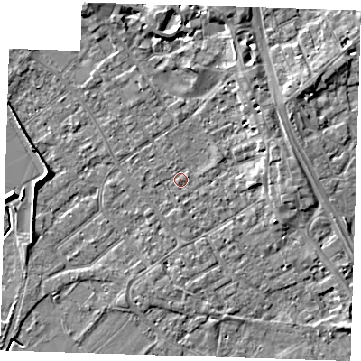 Shaded relief map of the ground around PE132QS, computed from Environment Agency LiDAR. The ground here sits at about 4 m above sea level and falls 6 m across the surrounding 800 m. Surface water reaching this point runs off ground lying to the north-east, 3.6 m higher.