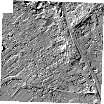 Shaded relief map of the ground around PE132QW, computed from Environment Agency LiDAR. The ground here sits at about 4 m above sea level and falls 5 m across the surrounding 800 m. Surface water reaching this point runs off ground lying to the east-north-east, 2.6 m higher.