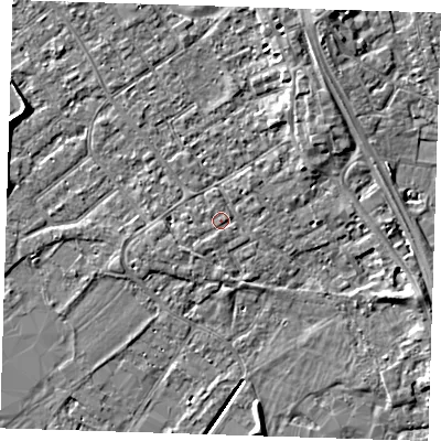 Shaded relief map of the ground around PE132QX, computed from Environment Agency LiDAR. The ground here sits at about 4 m above sea level and falls 6 m across the surrounding 800 m. Surface water reaching this point runs off ground lying to the north-east, 3.4 m higher.