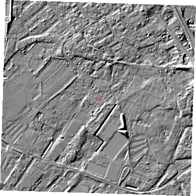 Shaded relief map of the ground around PE132QZ, computed from Environment Agency LiDAR. The ground here sits at about 3 m above sea level and falls 5 m across the surrounding 800 m. Surface water reaching this point runs off ground lying to the east-north-east, 3.3 m higher.