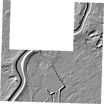 Shaded relief map of the ground around PE132RA, computed from Environment Agency LiDAR. The ground here sits at about 4 m above sea level and falls 7 m across the surrounding 800 m. Surface water reaching this point runs off ground lying to the east-north-east, 1.0 m higher.
