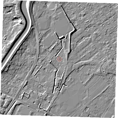 Shaded relief map of the ground around PE132RJ, computed from Environment Agency LiDAR. The ground here sits at about 3 m above sea level and falls 6 m across the surrounding 800 m. Surface water reaching this point runs off ground lying to the east-north-east, 1.3 m higher.