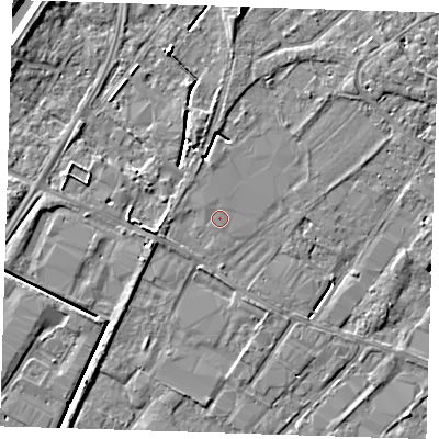 Shaded relief map of the ground around PE132RP, computed from Environment Agency LiDAR. The ground here sits at about 3 m above sea level and falls 5 m across the surrounding 800 m. The ground contributing surface water to this point lies to the north-west.