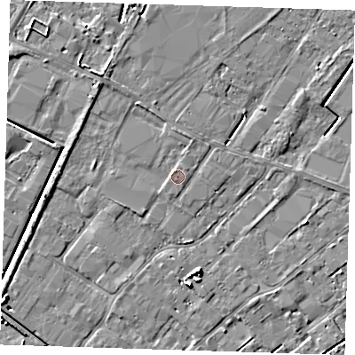 Shaded relief map of the ground around PE132RQ, computed from Environment Agency LiDAR. The ground here sits at about 3 m above sea level and falls 6 m across the surrounding 800 m. The ground contributing surface water to this point lies to the north-north-west.