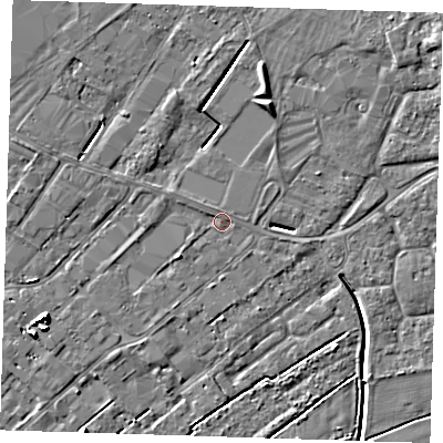 Shaded relief map of the ground around PE132RU, computed from Environment Agency LiDAR. The ground here sits at about 3 m above sea level and falls 6 m across the surrounding 800 m. Surface water reaching this point runs off ground lying to the north-north-west, 0.7 m higher.