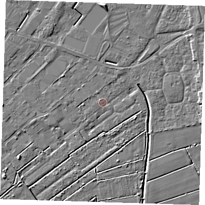 Shaded relief map of the ground around PE132RZ, computed from Environment Agency LiDAR. The ground here sits at about 3 m above sea level and falls 5 m across the surrounding 800 m. Surface water reaching this point runs off ground lying to the north, 0.7 m higher.