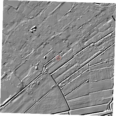 Shaded relief map of the ground around PE132SA, computed from Environment Agency LiDAR. The ground here sits at about 3 m above sea level and falls 7 m across the surrounding 800 m. Surface water reaching this point runs off ground lying to the west, 3.3 m higher.