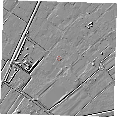 Shaded relief map of the ground around PE132TW, computed from Environment Agency LiDAR. The ground here sits at about 2 m above sea level and falls 7 m across the surrounding 800 m. Surface water reaching this point runs off ground lying to the east, 2.3 m higher.