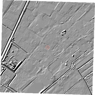 Shaded relief map of the ground around PE132TY, computed from Environment Agency LiDAR. The ground here sits at about 2 m above sea level and falls 7 m across the surrounding 800 m. Surface water reaching this point runs off ground lying to the south-east, 2.3 m higher.