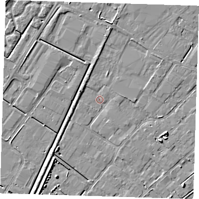 Shaded relief map of the ground around PE132TZ, computed from Environment Agency LiDAR. The ground here sits at about 2 m above sea level and falls 7 m across the surrounding 800 m. Surface water reaching this point runs off ground lying to the south-west, 5.2 m higher.