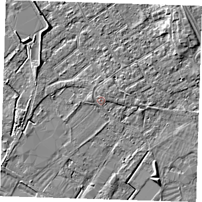 Shaded relief map of the ground around PE132UP, computed from Environment Agency LiDAR. The ground here sits at about 4 m above sea level and falls 6 m across the surrounding 800 m. Surface water reaching this point runs off ground lying to the north, 1.0 m higher.