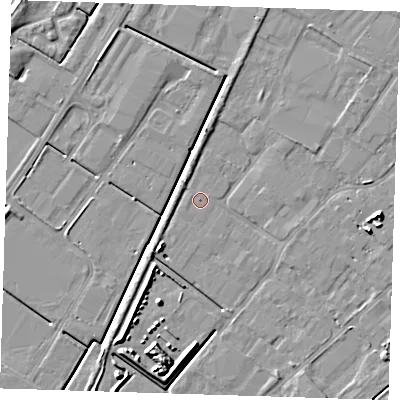 Shaded relief map of the ground around PE132UR, computed from Environment Agency LiDAR. The ground here sits at about 2 m above sea level and falls 7 m across the surrounding 800 m. The ground contributing surface water to this point lies to the west-south-west.