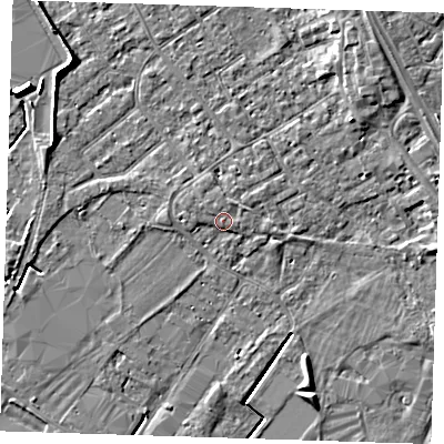 Shaded relief map of the ground around PE132UW, computed from Environment Agency LiDAR. The ground here sits at about 4 m above sea level and falls 6 m across the surrounding 800 m. Surface water reaching this point runs off ground lying to the north-west, 1.1 m higher.