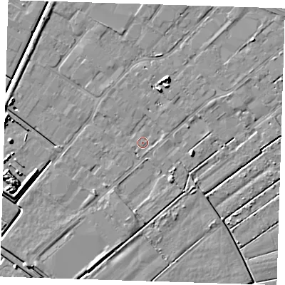 Shaded relief map of the ground around PE132XQ, computed from Environment Agency LiDAR. The ground here sits at about 2 m above sea level and falls 7 m across the surrounding 800 m. Surface water reaching this point runs off ground lying to the east-north-east, 0.8 m higher.