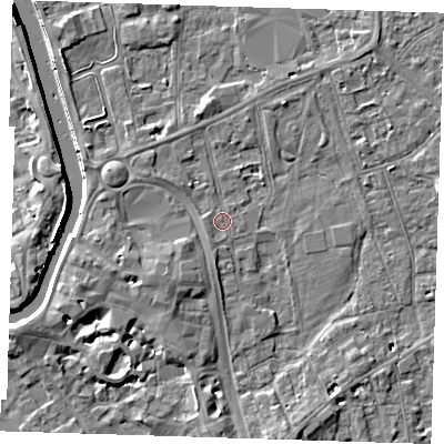 Shaded relief map of the ground around PE133AD, computed from Environment Agency LiDAR. The ground here sits at about 4 m above sea level and falls 12 m across the surrounding 800 m. Surface water reaching this point runs off ground lying to the south-south-west, 1.1 m higher.