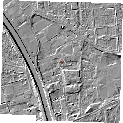 Shaded relief map of the ground around PE133AE, computed from Environment Agency LiDAR. The ground here sits at about 4 m above sea level and falls 7 m across the surrounding 800 m. Surface water reaching this point runs off ground lying to the south-south-west, 2.2 m higher.