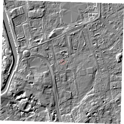 Shaded relief map of the ground around PE133AG, computed from Environment Agency LiDAR. The ground here sits at about 4 m above sea level and falls 12 m across the surrounding 800 m. Surface water reaching this point runs off ground lying to the south-west, 3.7 m higher.