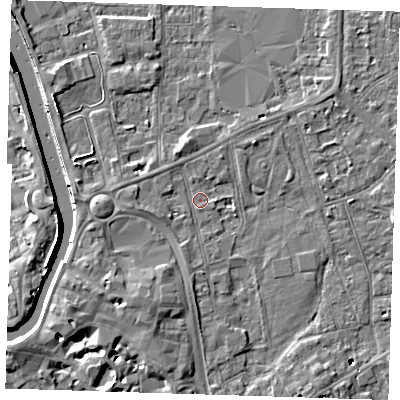 Shaded relief map of the ground around PE133AH, computed from Environment Agency LiDAR. The ground here sits at about 4 m above sea level and falls 12 m across the surrounding 800 m. Surface water reaching this point runs off ground lying to the south-south-west, 3.4 m higher.