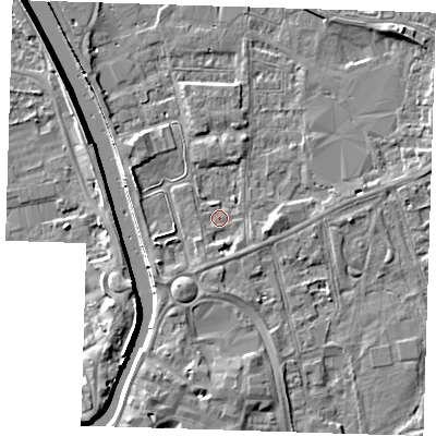 Shaded relief map of the ground around PE133AL, computed from Environment Agency LiDAR. The ground here sits at about 4 m above sea level and falls 8 m across the surrounding 800 m. Surface water reaching this point runs off ground lying to the east, 2.3 m higher.