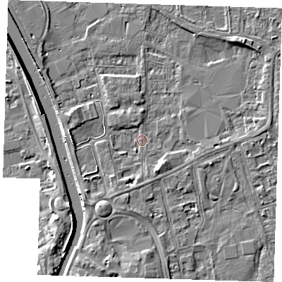 Shaded relief map of the ground around PE133AN, computed from Environment Agency LiDAR. The ground here sits at about 4 m above sea level and falls 8 m across the surrounding 800 m. Surface water reaching this point runs off ground lying to the south-west, 3.2 m higher.