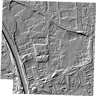 Shaded relief map of the ground around PE133AP, computed from Environment Agency LiDAR. The ground here sits at about 4 m above sea level and falls 7 m across the surrounding 800 m. Surface water reaching this point runs off ground lying to the south-south-west, 3.6 m higher.