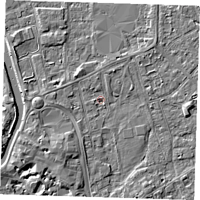 Shaded relief map of the ground around PE133AQ, computed from Environment Agency LiDAR. The ground here sits at about 4 m above sea level and falls 12 m across the surrounding 800 m. Surface water reaching this point runs off ground lying to the west-south-west, 1.4 m higher.