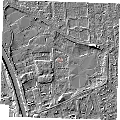 Shaded relief map of the ground around PE133AR, computed from Environment Agency LiDAR. The ground here sits at about 4 m above sea level and falls 7 m across the surrounding 800 m. Surface water reaching this point runs off ground lying to the south-south-west, 3.6 m higher.