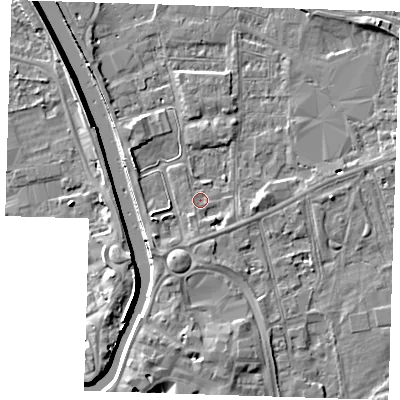 Shaded relief map of the ground around PE133AS, computed from Environment Agency LiDAR. The ground here sits at about 4 m above sea level and falls 8 m across the surrounding 800 m. Surface water reaching this point runs off ground lying to the east, 2.3 m higher.