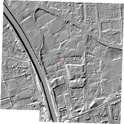 Shaded relief map of the ground around PE133AT, computed from Environment Agency LiDAR. The ground here sits at about 4 m above sea level and falls 7 m across the surrounding 800 m. Surface water reaching this point runs off ground lying to the south-south-west, 2.2 m higher.