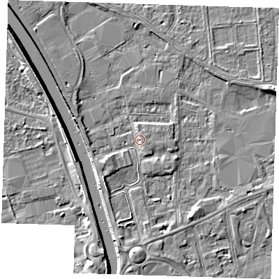 Shaded relief map of the ground around PE133AU, computed from Environment Agency LiDAR. The ground here sits at about 5 m above sea level and falls 7 m across the surrounding 800 m. Surface water reaching this point runs off ground lying to the south-west, 2.2 m higher.