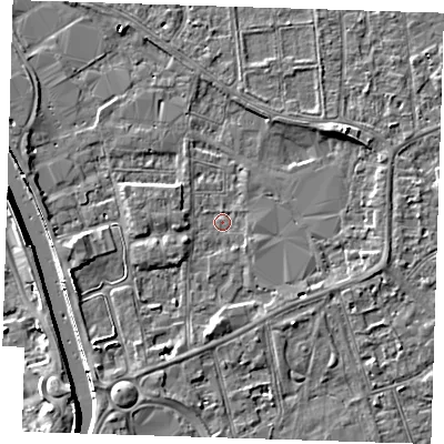 Shaded relief map of the ground around PE133AW, computed from Environment Agency LiDAR. The ground here sits at about 4 m above sea level and falls 7 m across the surrounding 800 m. Surface water reaching this point runs off ground lying to the south-west, 3.2 m higher.