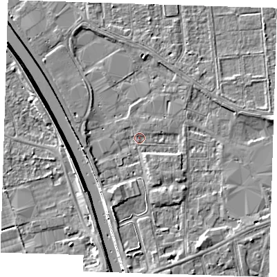 Shaded relief map of the ground around PE133AX, computed from Environment Agency LiDAR. The ground here sits at about 4 m above sea level and falls 7 m across the surrounding 800 m. Surface water reaching this point runs off ground lying to the south-south-west, 2.2 m higher.