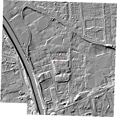 Shaded relief map of the ground around PE133AY, computed from Environment Agency LiDAR. The ground here sits at about 4 m above sea level and falls 7 m across the surrounding 800 m. Surface water reaching this point runs off ground lying to the south-east, 1.6 m higher.
