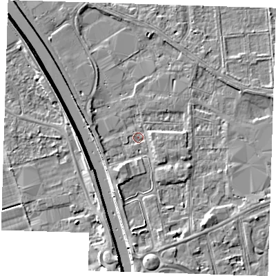 Shaded relief map of the ground around PE133AZ, computed from Environment Agency LiDAR. The ground here sits at about 4 m above sea level and falls 7 m across the surrounding 800 m. Surface water reaching this point runs off ground lying to the south-south-west, 2.2 m higher.