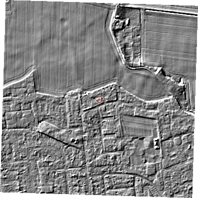 Shaded relief map of the ground around PE133BA, computed from Environment Agency LiDAR. The ground here sits at about 4 m above sea level and falls 4 m across the surrounding 800 m. Surface water reaching this point runs off ground lying to the south-west, 1.0 m higher.