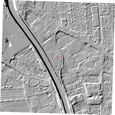 Shaded relief map of the ground around PE133BB, computed from Environment Agency LiDAR. The ground here sits at about 5 m above sea level and falls 7 m across the surrounding 800 m. Surface water reaching this point runs off ground lying to the south-west, 0.8 m higher.