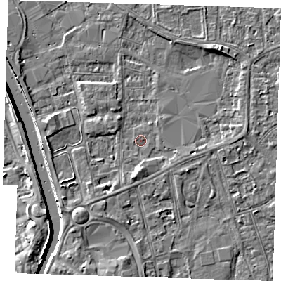 Shaded relief map of the ground around PE133BD, computed from Environment Agency LiDAR. The ground here sits at about 4 m above sea level and falls 7 m across the surrounding 800 m. Surface water reaching this point runs off ground lying to the south, 2.0 m higher.