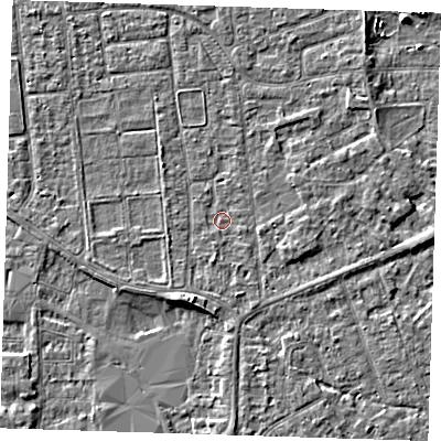 Shaded relief map of the ground around PE133BF, computed from Environment Agency LiDAR. The ground here sits at about 4 m above sea level and falls 4 m across the surrounding 800 m. Surface water reaching this point runs off ground lying to the south-south-east, 1.3 m higher.