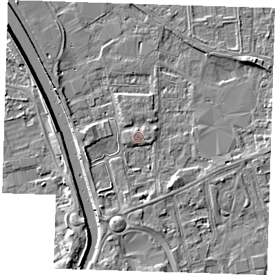 Shaded relief map of the ground around PE133BG, computed from Environment Agency LiDAR. The ground here sits at about 5 m above sea level and falls 7 m across the surrounding 800 m. The ground contributing surface water to this point lies to the east.
