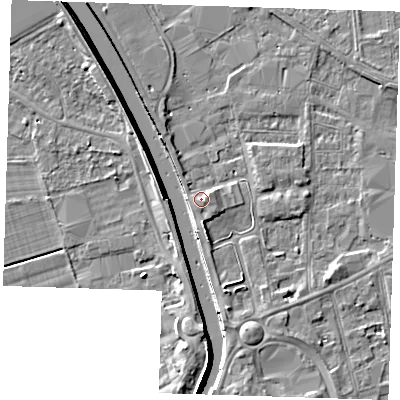 Shaded relief map of the ground around PE133BH, computed from Environment Agency LiDAR. The ground here sits at about 5 m above sea level and falls 7 m across the surrounding 800 m. Surface water reaching this point runs off ground lying to the east-south-east, 1.9 m higher.